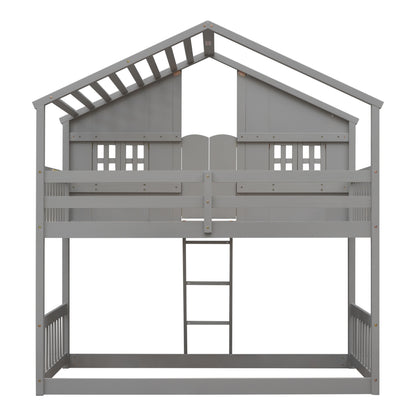 Twin House Bunk Bed for Kids with Roof and Windows - Twin Over Twin Design in Grey