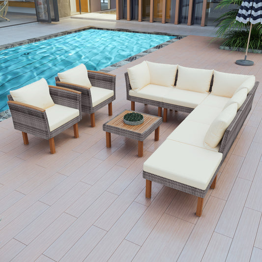 9-Piece Patio Rattan Furniture Set With Acacia Wood Legs And Tabletop Outdoor Sectional Sofa And Coffee Table Beige
