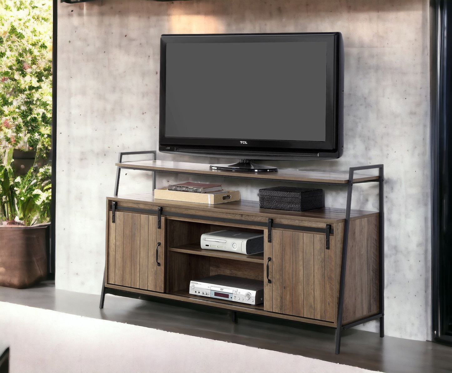 TV Stand for 58-Inch TVs, Rustic Console with Sliding Barn Doors, 6-Storage, 60-Inch Wide Oak and Black Finish