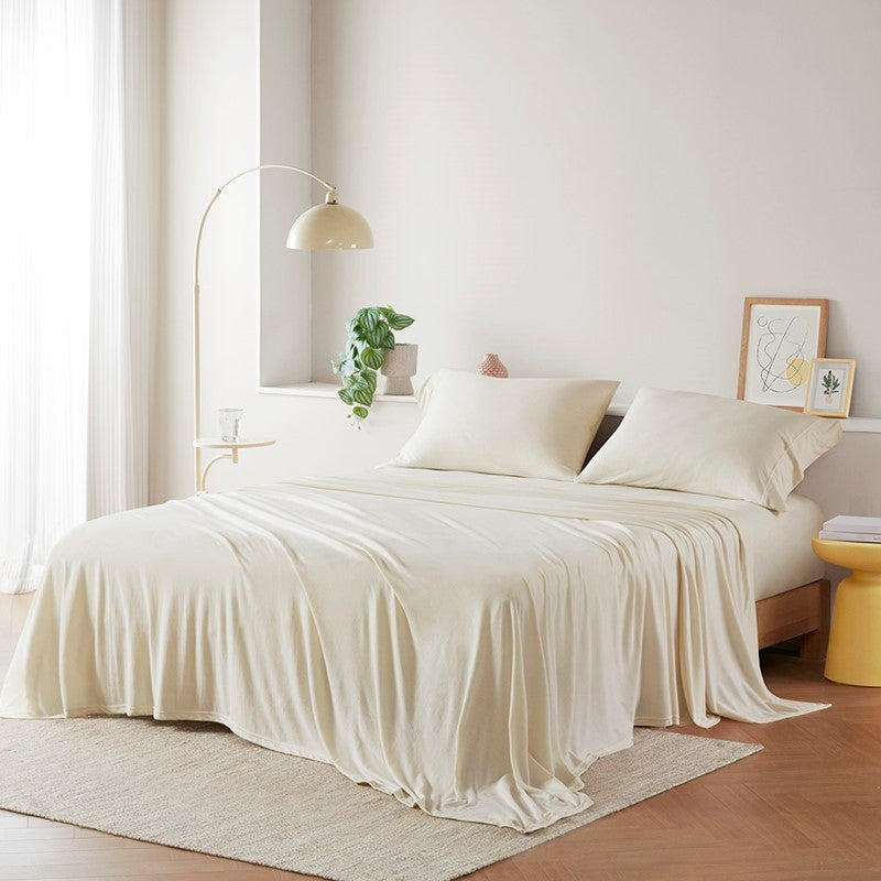 Queen Cotton-Blend Jersey Knit Sheet Set All-Season 4-Piece Flat Fitted Pillowcases Cotton-Poly Cream
