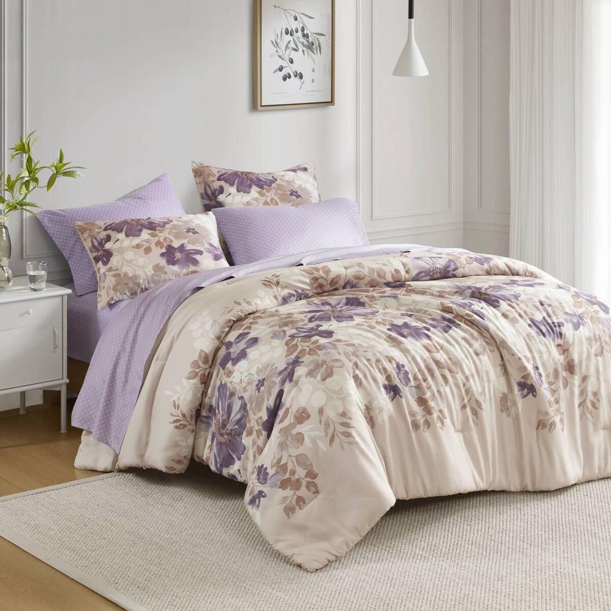 Floral Comforter Set with Sheets - Queen, Floral Print, Polyester Microfiber, Bed in a Bag, Taupe