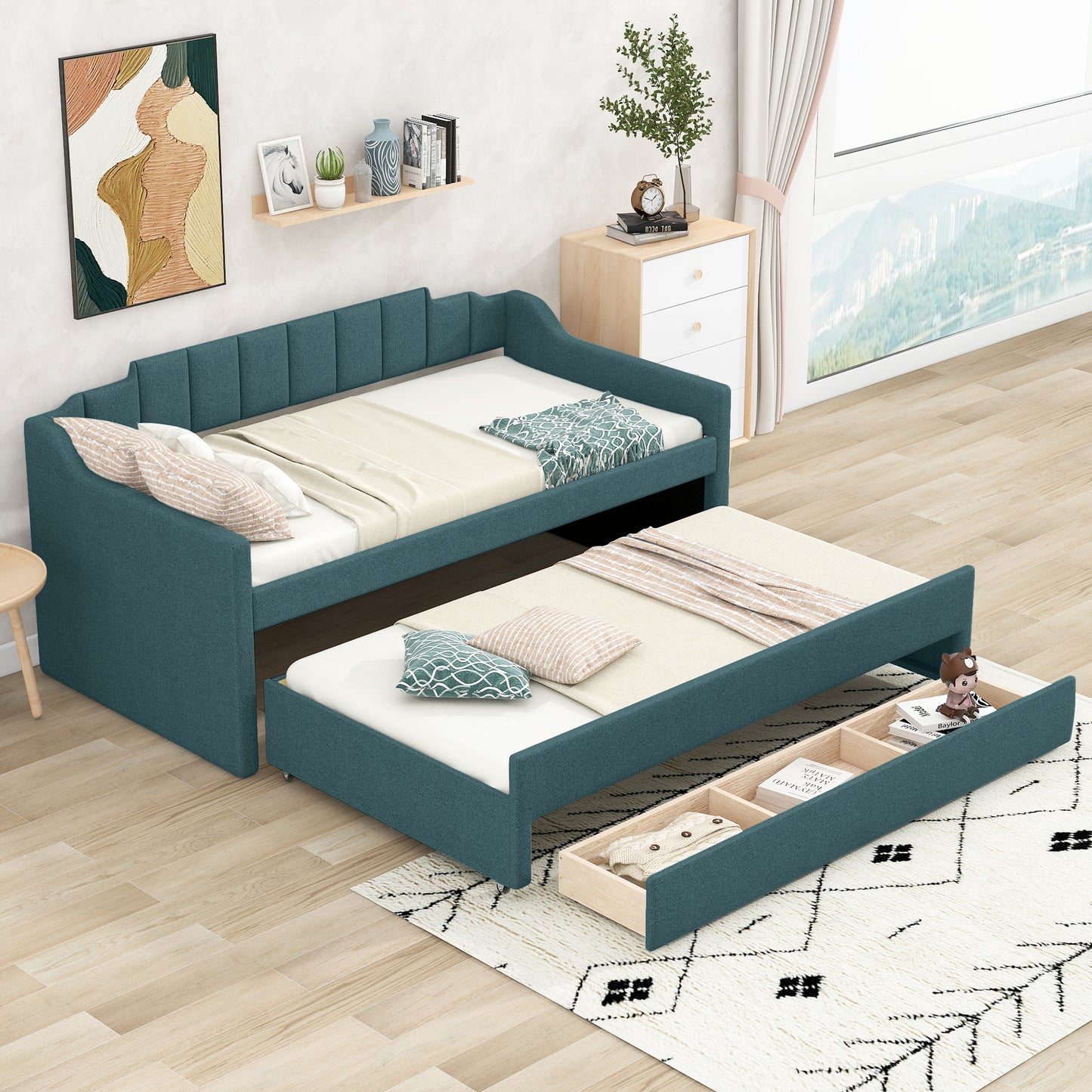 Green Twin Size Upholstered Daybed with Trundle and Storage Drawers