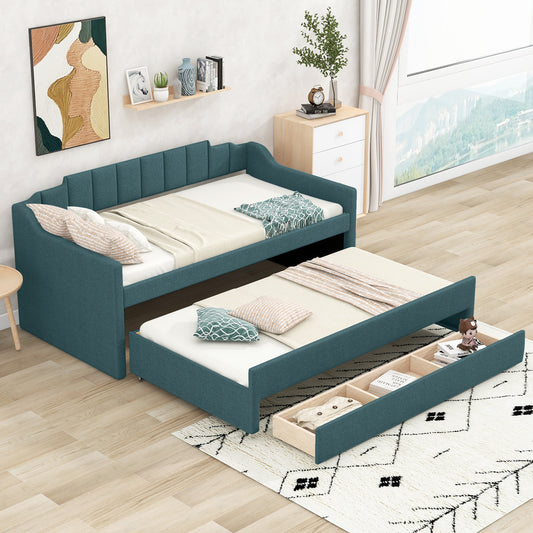 Green Twin Size Upholstered Daybed with Trundle and Storage Drawers