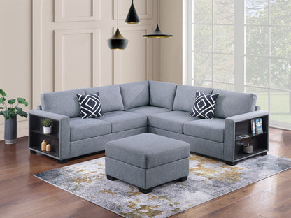 4-Piece L-Shaped Sectional with Built-In Shelves, Wedge & Ottoman, Bouclé, Contemporary Living Room, Gray