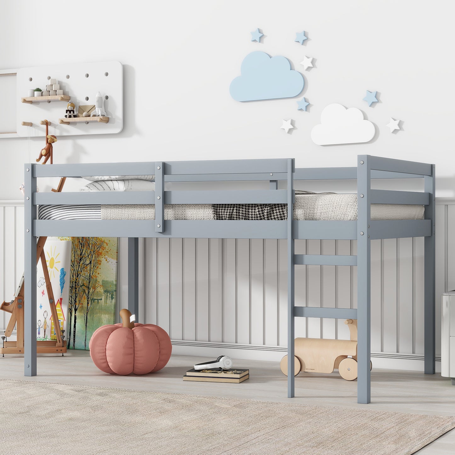 Grey Solid Rubber Wood Twin Loft Bed with Ladder and Sturdy Slat Support