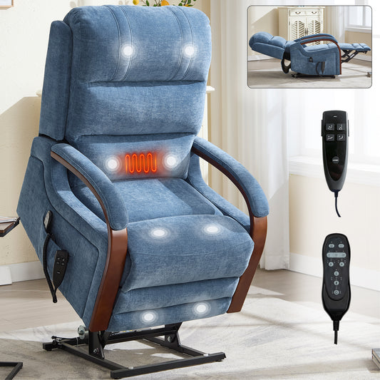 Dual-Motor Lift Recliner, 350 lb Capacity, Massage & Heat, Solid Wood Arms, Living Room Chenille Blue