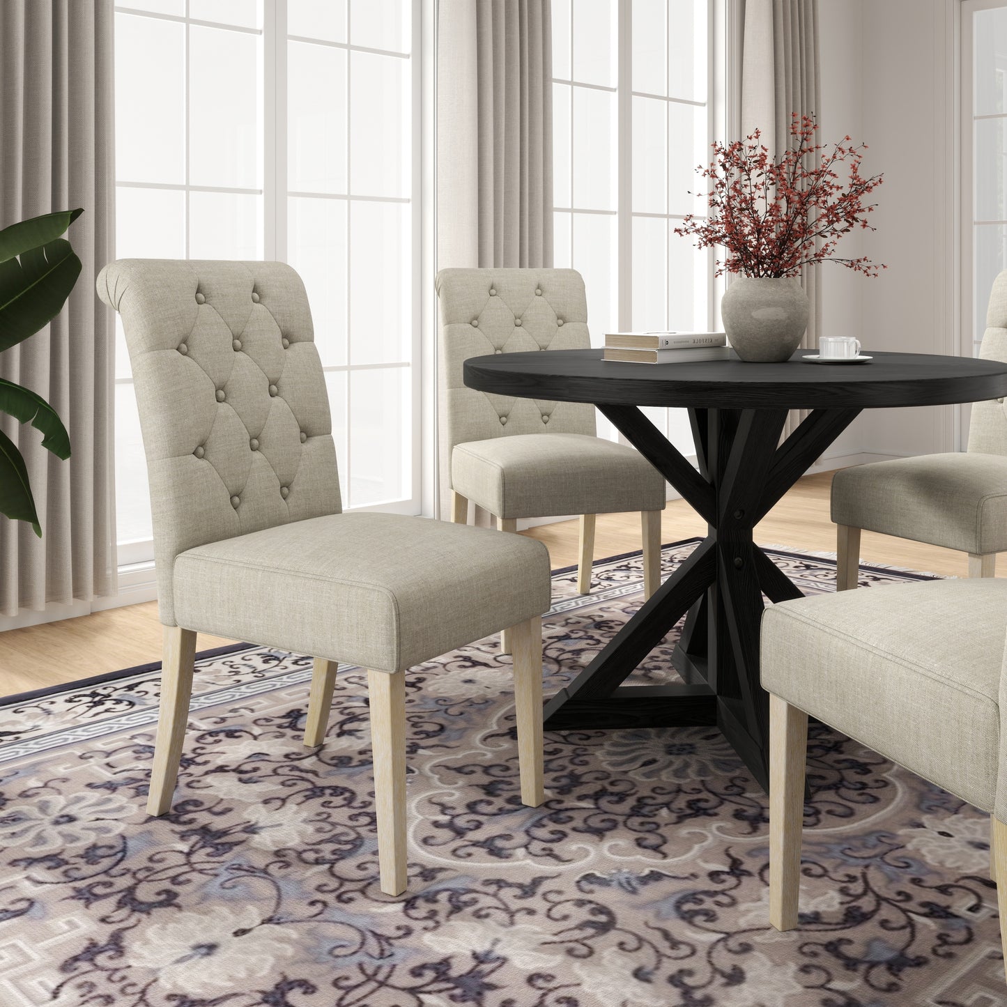Round Dining Set With Cross Buck Base Tufted Chairs 5Pc Tan