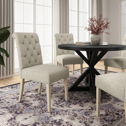 Round Dining Set With Cross Buck Base Tufted Chairs 5Pc Tan