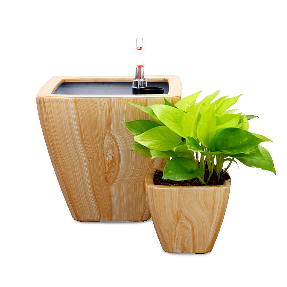 2-Pack Self-Watering Planter Pots for Indoor/Outdoor Use, Square Cone Wood-Look Design, Light Wood