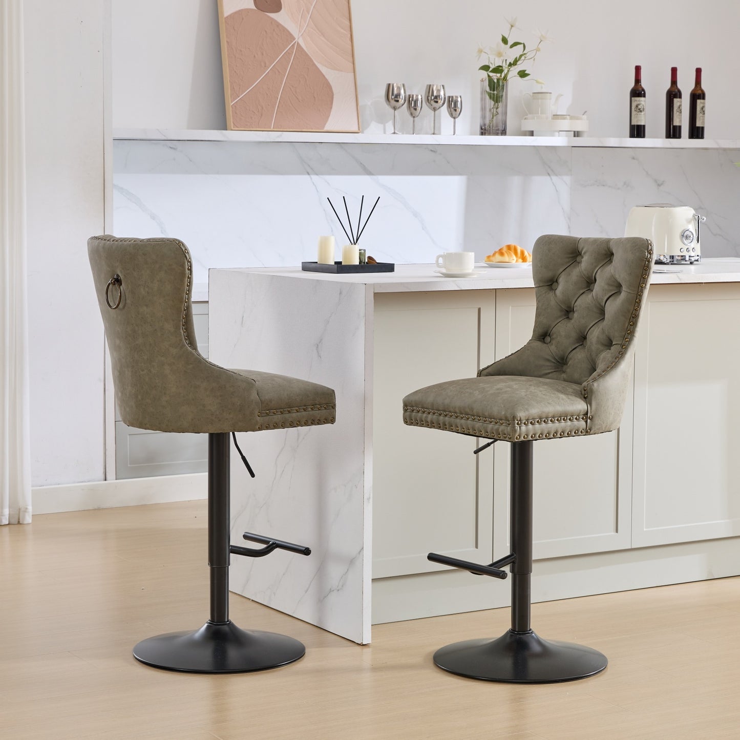 Aged Retro PU Swivel Bar Stools Adjustable Olive Green 2 Pack