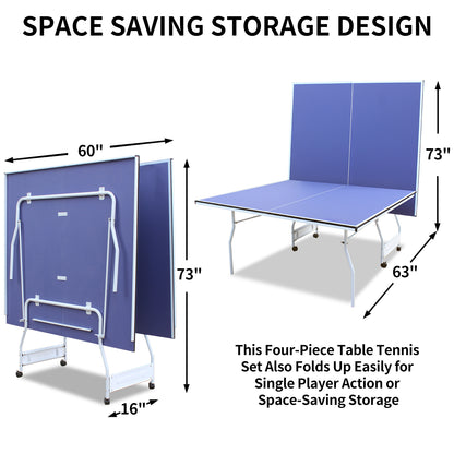 9-Foot Foldable Indoor Table Tennis Table with Net, Regulation-Size Ping Pong, Playback Blue