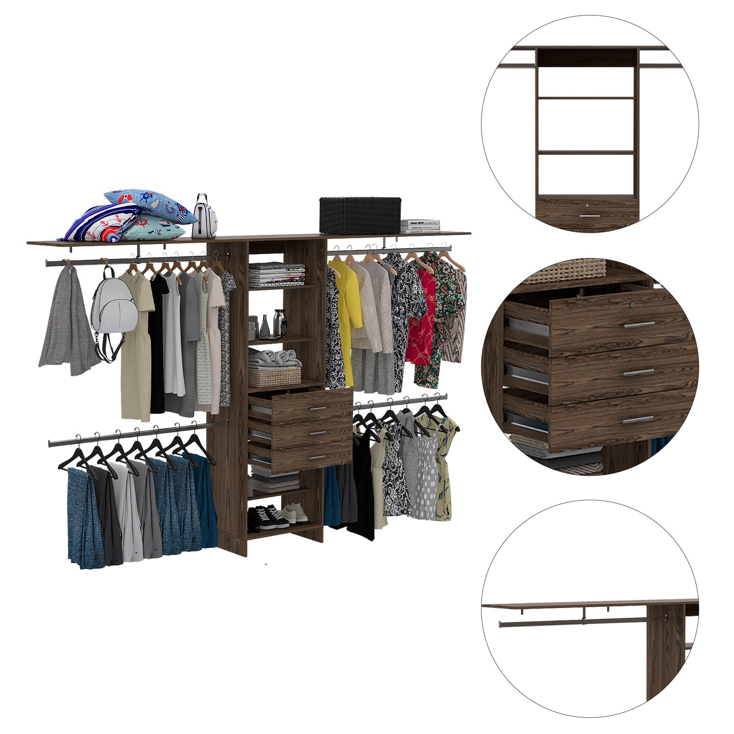 Versatile Dark Walnut Closet System with Adjustable Size, Multiple Hanging Rods, Drawers, and Shelves