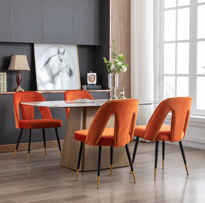 Set of 2 Velvet Upholstered Dining Chairs with Nailhead Trim and Gold-Tipped Black Metal Legs, Orange