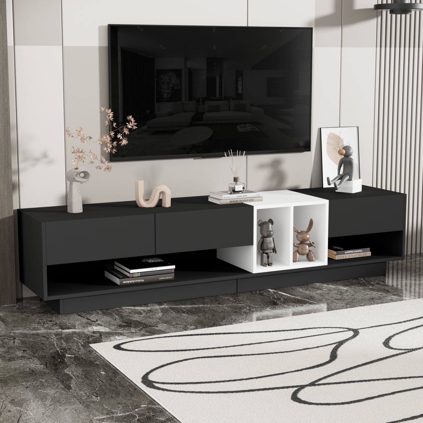 Modern TV Stand with Open & Hidden Storage for 80-Inch TVs, Two-Tone Media Console, Living Room, Black