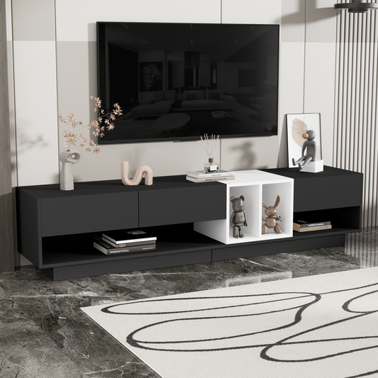 Modern TV Stand with Open & Hidden Storage for 80-Inch TVs, Two-Tone Media Console, Living Room, Black
