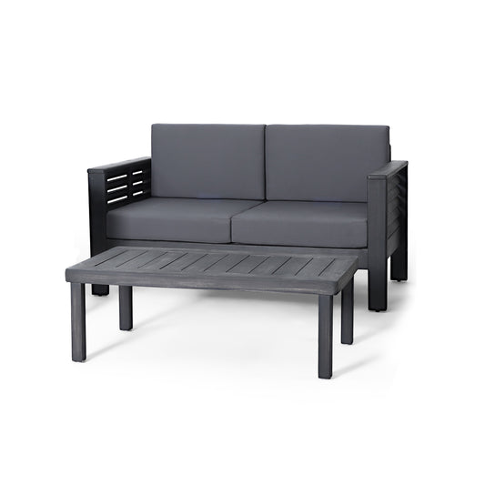 Outdoor Acacia Wood Loveseat and Coffee Table Set With Cushions, Seats Two, Durable Weatherproof Dark Gray
