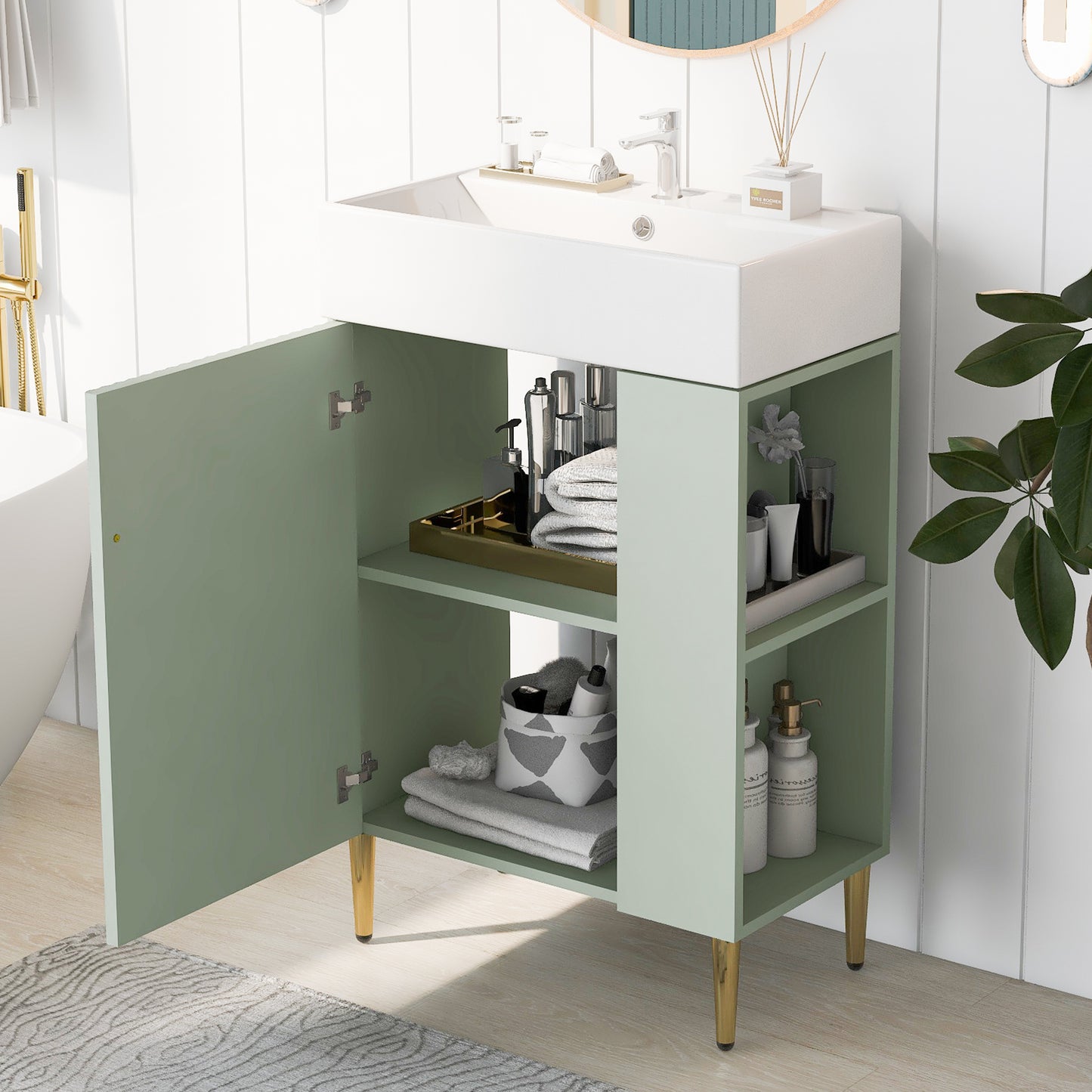 Contemporary 21.6" Green Bathroom Vanity with Ceramic Sink and Right Side Storage Cabinet