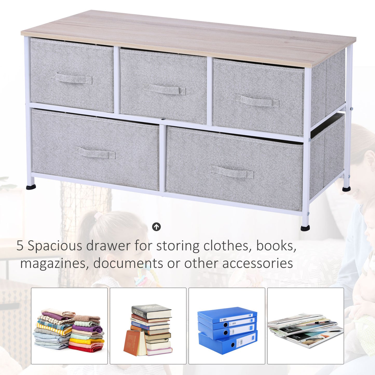 5-Drawer Fabric Storage Tower - 40" Horizontal Dresser Unit for Bedroom & Living Room Organization