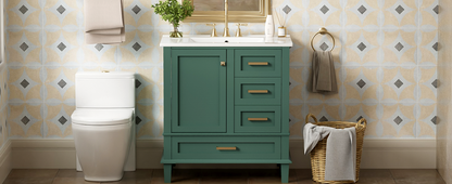 30" Stylish Green Bathroom Vanity with Soft-Close Doors and Sink Combo, Modern Cabinet Featuring 3 Spacious Drawers and Solid Wood Frame
