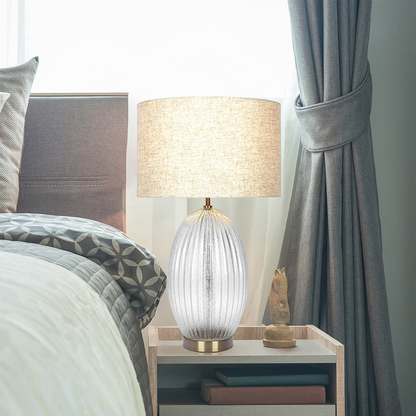 Ribbed Glass Table Lamp with Large Linen Shade, 17in Tall, 11.8in Base, Lighting Beige Clear Gold