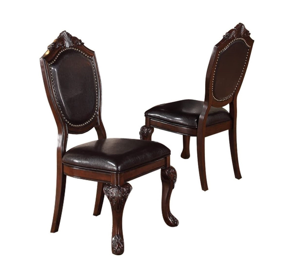 Set of 2 Traditional Formal Dining Room Side Chairs - Rubberwood, Faux Leather Upholstered Seats Brown