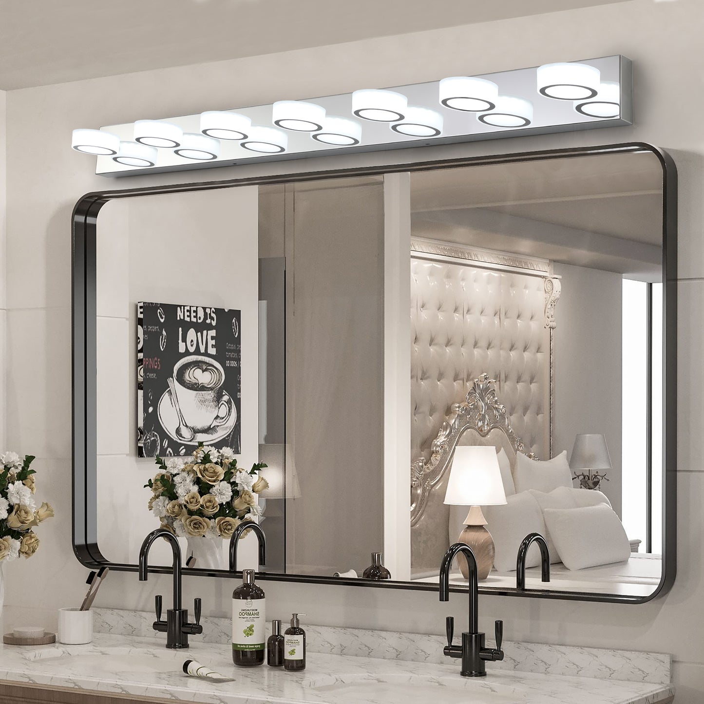 7-Light LED Vanity Sconce with Acrylic Shades, Dimmable, 52-Inch Length, Energy-Efficient Bathroom Chrome