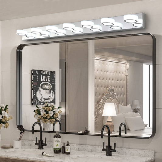 7-Light LED Vanity Sconce with Acrylic Shades, Dimmable, 52-Inch Length, Energy-Efficient Bathroom Chrome