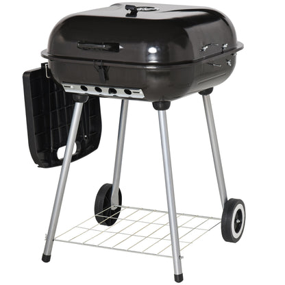21 Inch Portable Charcoal Grill With Wheels And Bottom Shelf Adjustable Lid Vents For Picnic And Backyard Cooking Black