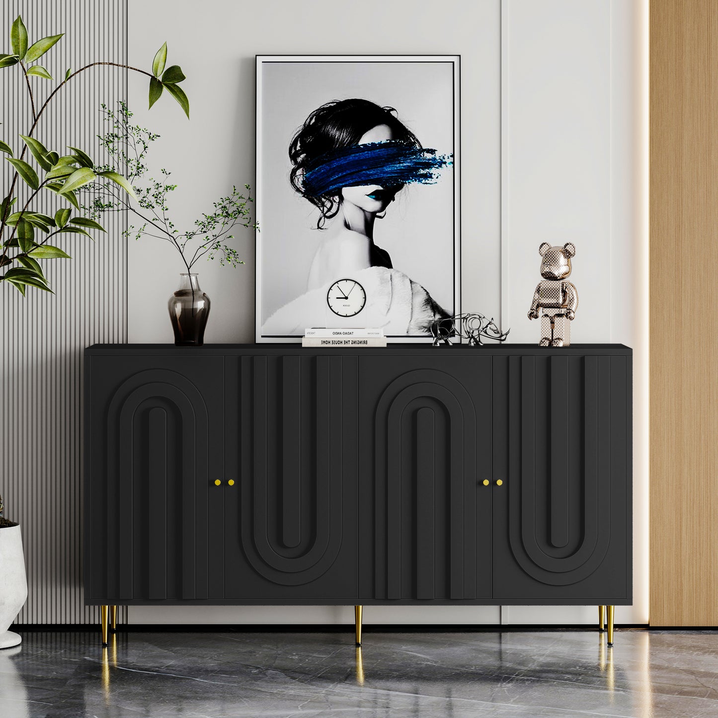 Modern Black Lacquered 4 Door Wooden Cabinet Sideboard Buffet Server Cabinet Storage Cabinet, for Living Room, Entryway, Hallway, Office, Kitchen and Dining Room