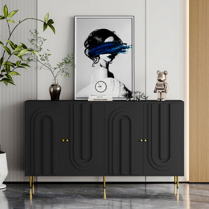 Modern Black Lacquered 4 Door Wooden Cabinet Sideboard Buffet Server Cabinet Storage Cabinet, for Living Room, Entryway, Hallway, Office, Kitchen and Dining Room