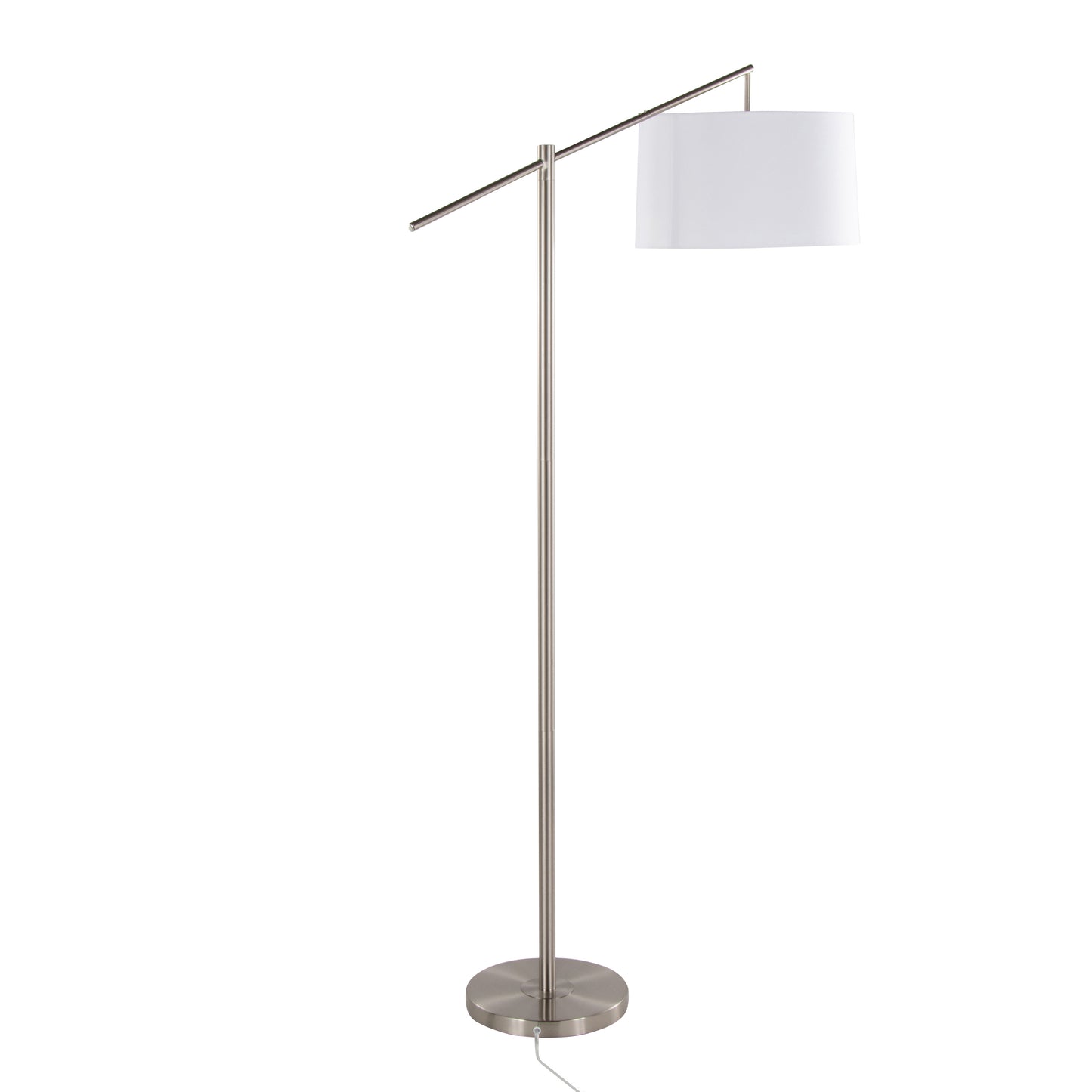 69-Inch Contemporary Metal Floor Lamp with Angled Arm, Off-White Linen Drum Shade, 60W, Brushed Nickel