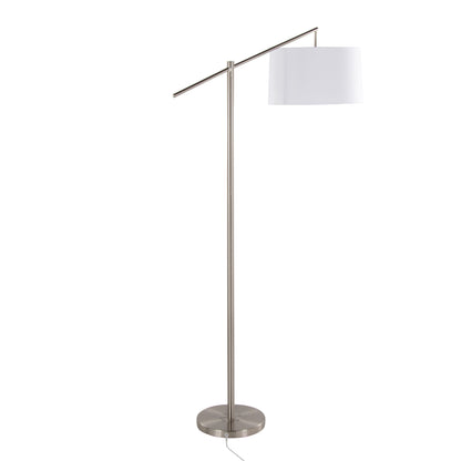 69-Inch Contemporary Metal Floor Lamp with Angled Arm, Off-White Linen Drum Shade, 60W, Brushed Nickel