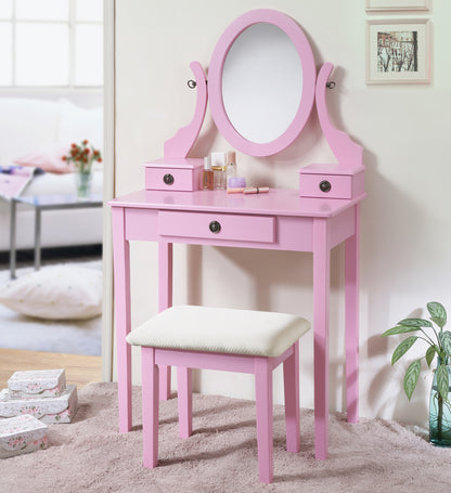 Wood Makeup Vanity Table and Stool Set with Drawers, Perfect for Bedroom Vanity Space, Pink