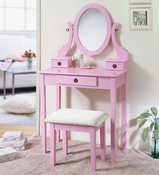 Wood Makeup Vanity Table and Stool Set with Drawers, Perfect for Bedroom Vanity Space, Pink