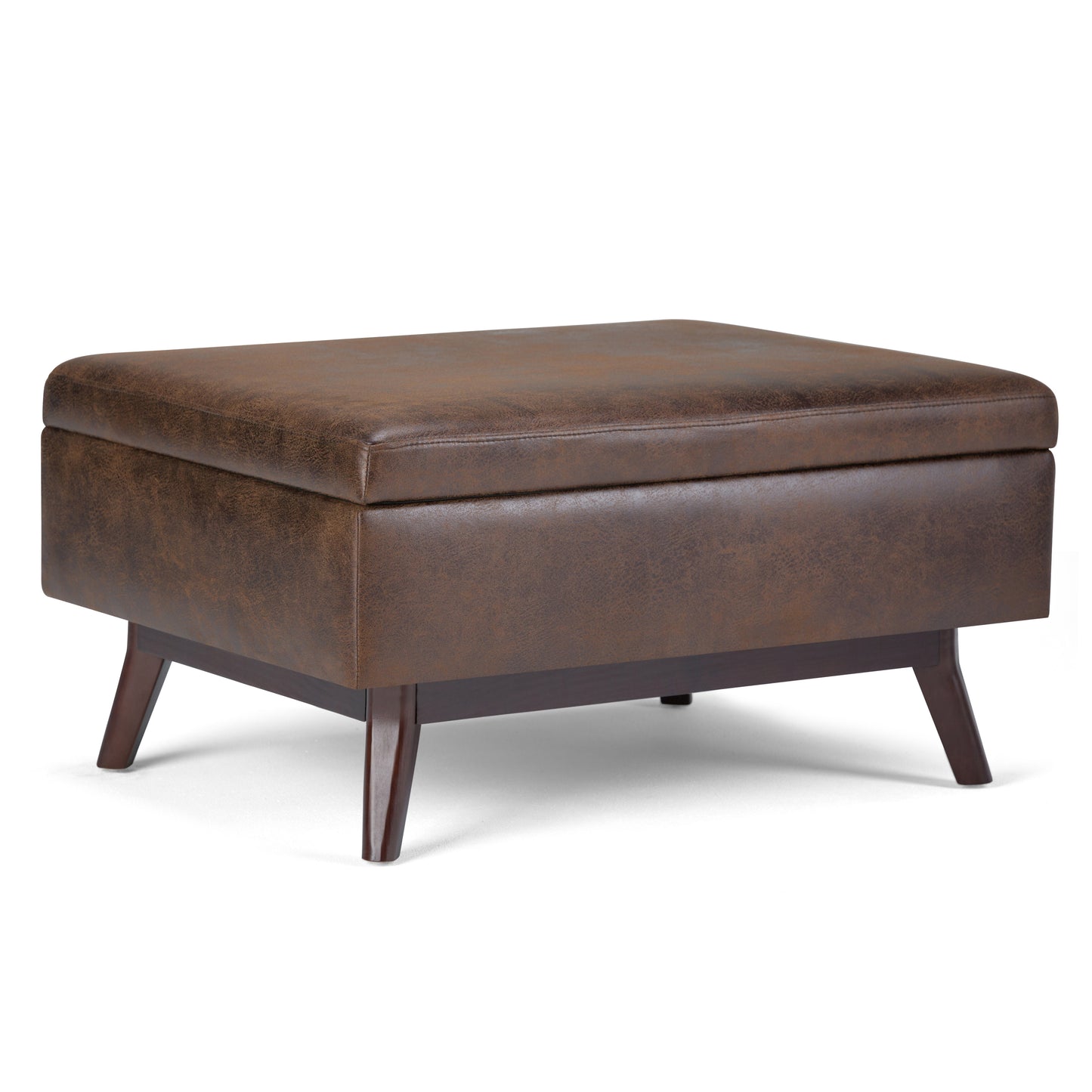 Lift-Top Coffee Table Storage Ottoman: Wood Frame, Faux Leather, Living Room Distressed Chestnut Brown