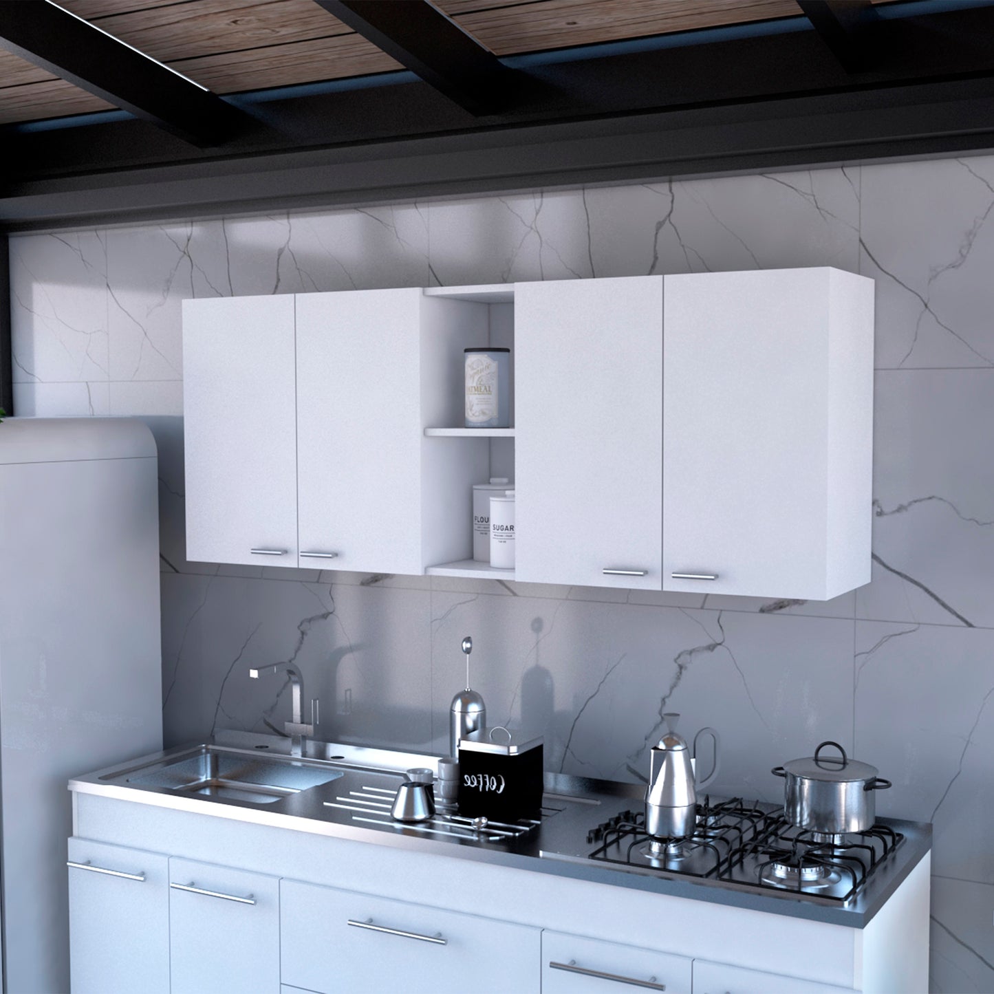 Winslow 59" Modern Wall Cabinet with Four Doors and Two Shelves for Kitchen Storage
