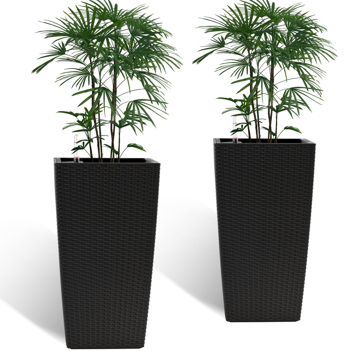 Square Planter with Auto-Watering System, 22-Inch Tall, 11x11-Inch Base, Faux Rattan Texture, Durable Polypropylene, 2-Pack, Indoor/Outdoor Use, Black