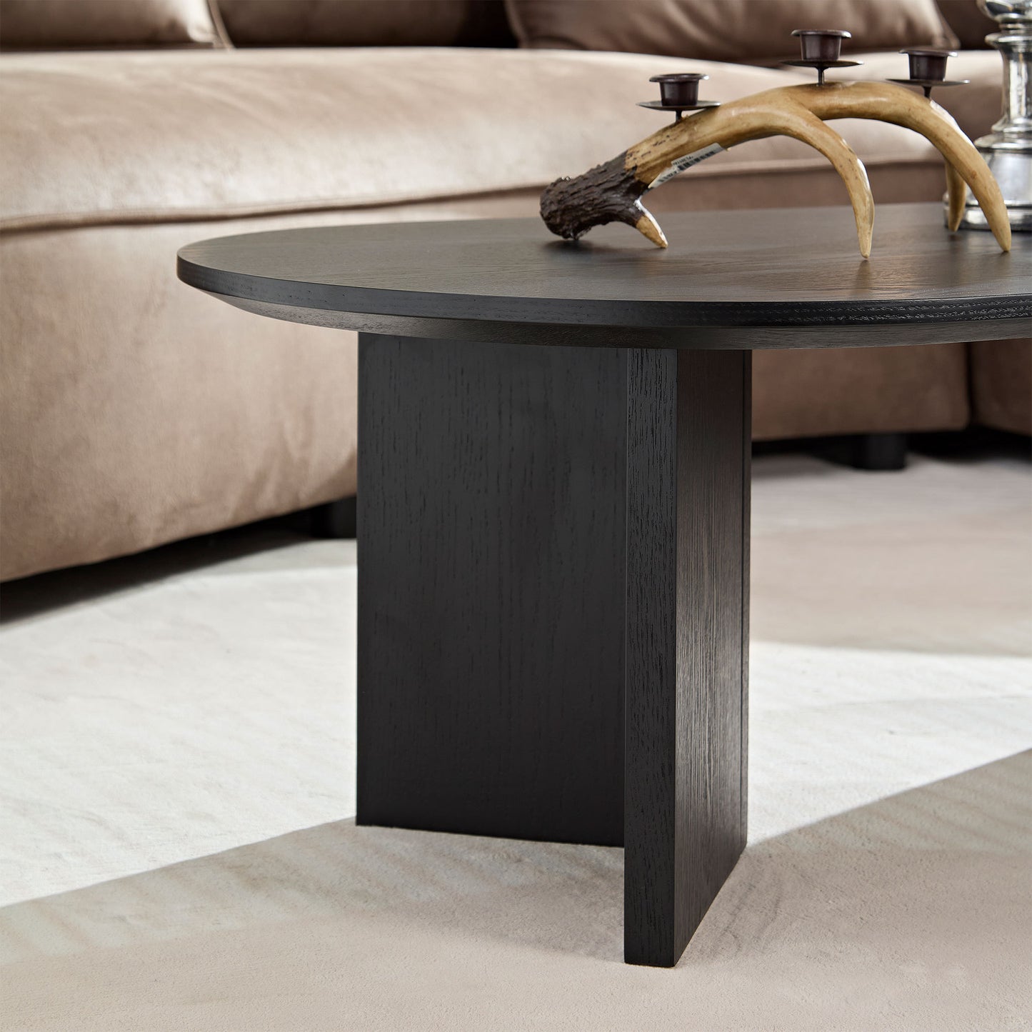 Length 39.37 Inch Modern Coffee Table,MDF Oval Coffee Table for Living Room,Small Coffee Table with Sturdy Pedestal for Apartment,Bedroom,Black