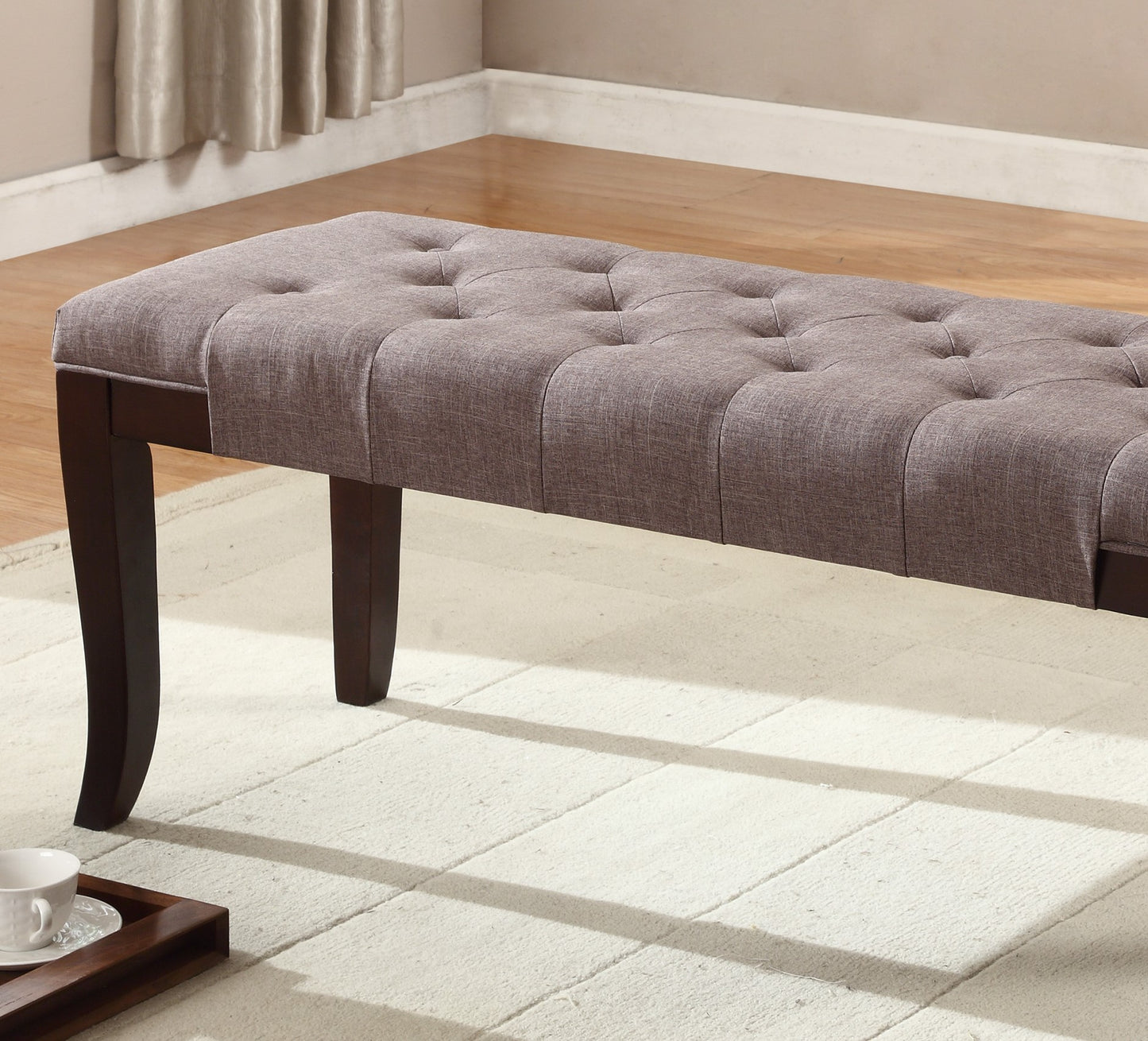 44W Tufted Polyester-Blend Fabric Bench with Espresso-Hardwood Legs, 16D x 18.25H, Entryway, Brown