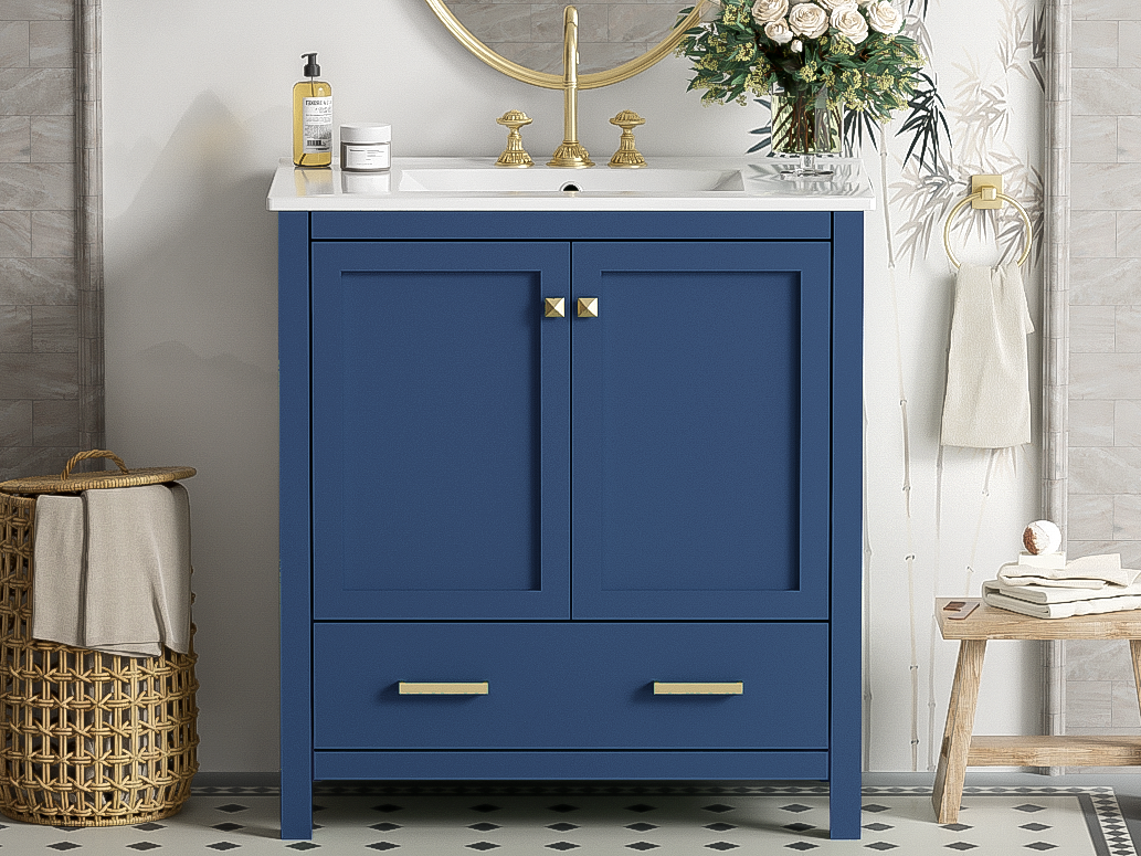30-Inch Elegant Blue Bathroom Vanity with Ceramic Sink, Stylish Storage Cabinet Featuring Soft-Close Doors and Multifunctional Drawers
