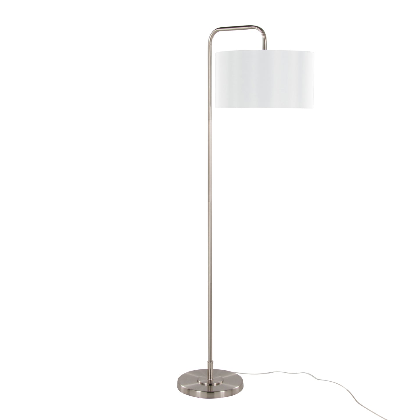 63-Inch Contemporary Metal Floor Lamp with Linen Shade Arc Neck, Foot Switch, Living Room, Brushed Nickel