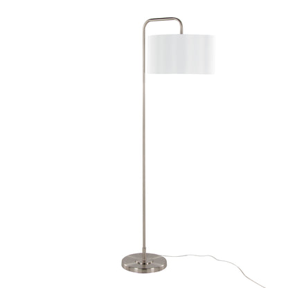 63-Inch Contemporary Metal Floor Lamp with Linen Shade Arc Neck, Foot Switch, Living Room, Brushed Nickel