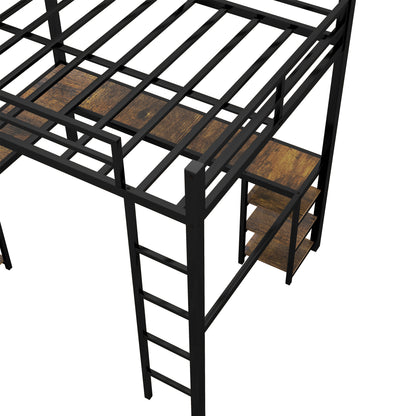 Stylish Full XL Metal Loft Bed with Integrated Desk and Storage Shelves, Ideal Space-Saving Solution for Bedrooms, Black Finish