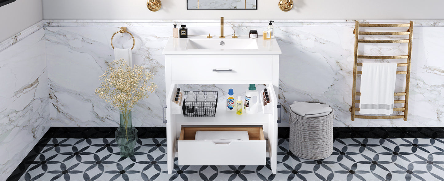 Elegant 30-Inch White Bathroom Vanity with Ceramic Sink and Ample Storage for Compact Spaces