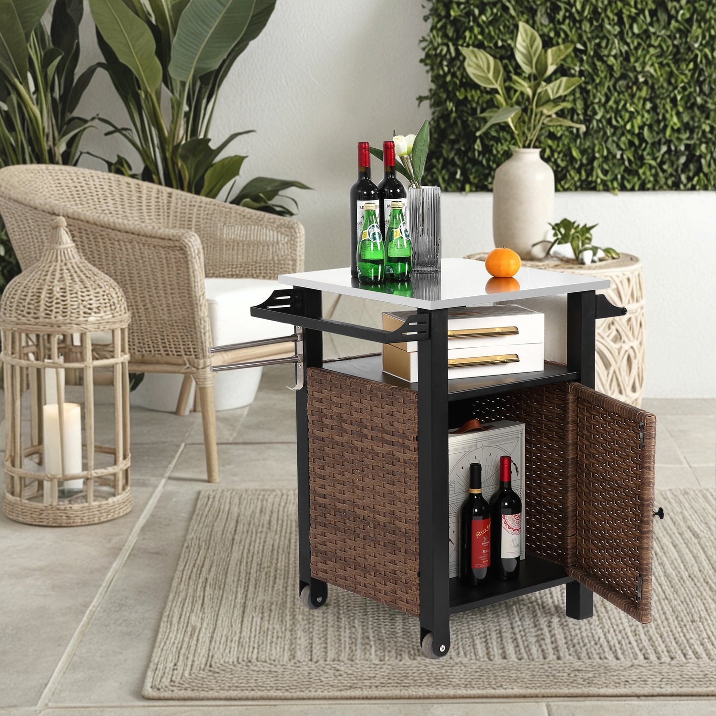 Outdoor Bar Cart Door Cabinet Wicker Rolling Cart Stainless Steel Tabletop Wheels Side Handle Brown