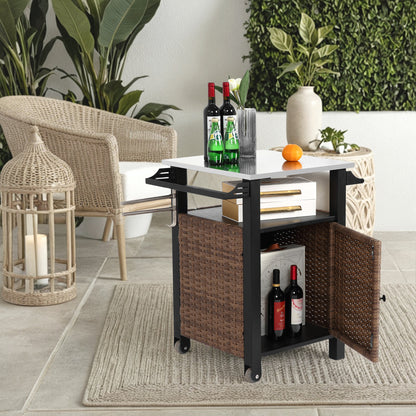 Outdoor Bar Cart With Single Door Storage Cabinet On Wheels Stainless Steel Extended Table Top Wicker Island Brown