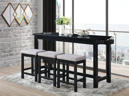 4-Piece Counter Height Dining Set with USB Ports, Drawer, Rect Table & 3 Stools, Durable Wood Black