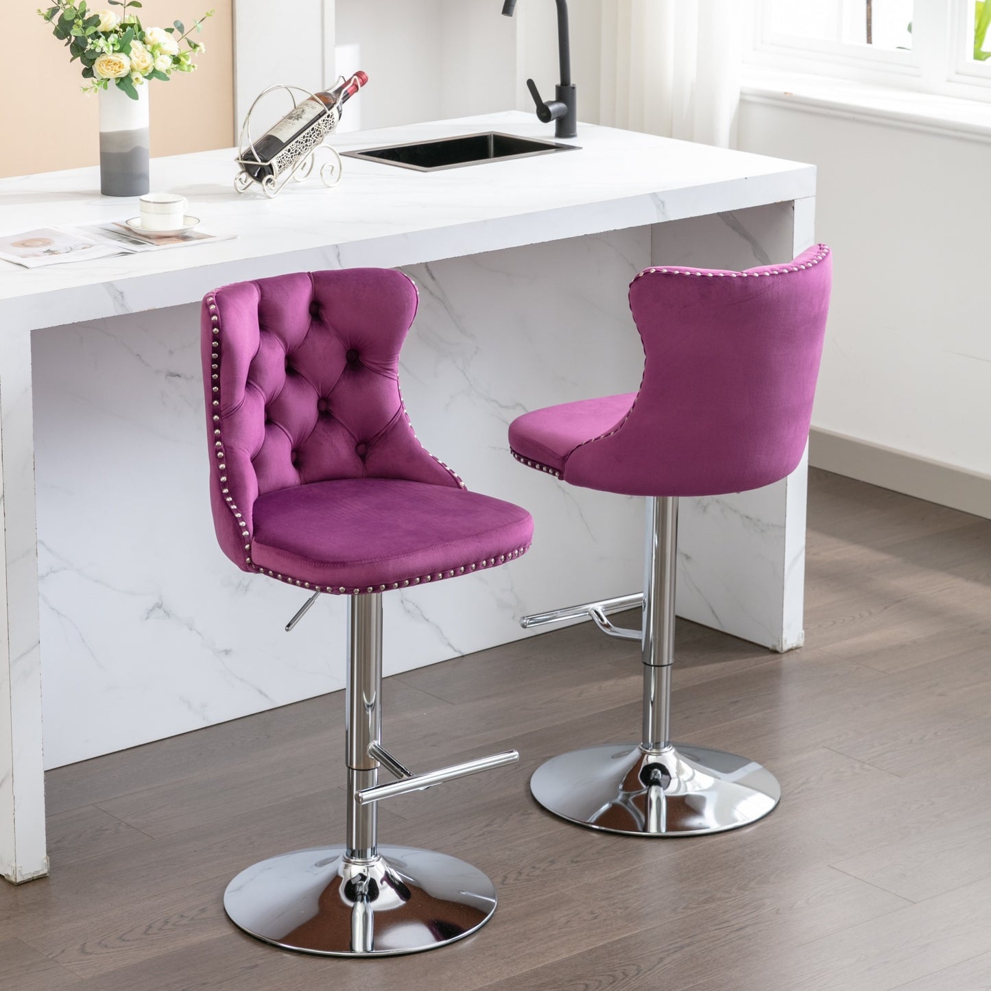 Purple Velvet Swivel Bar Stools Adjustable 25-33 Set Of 2