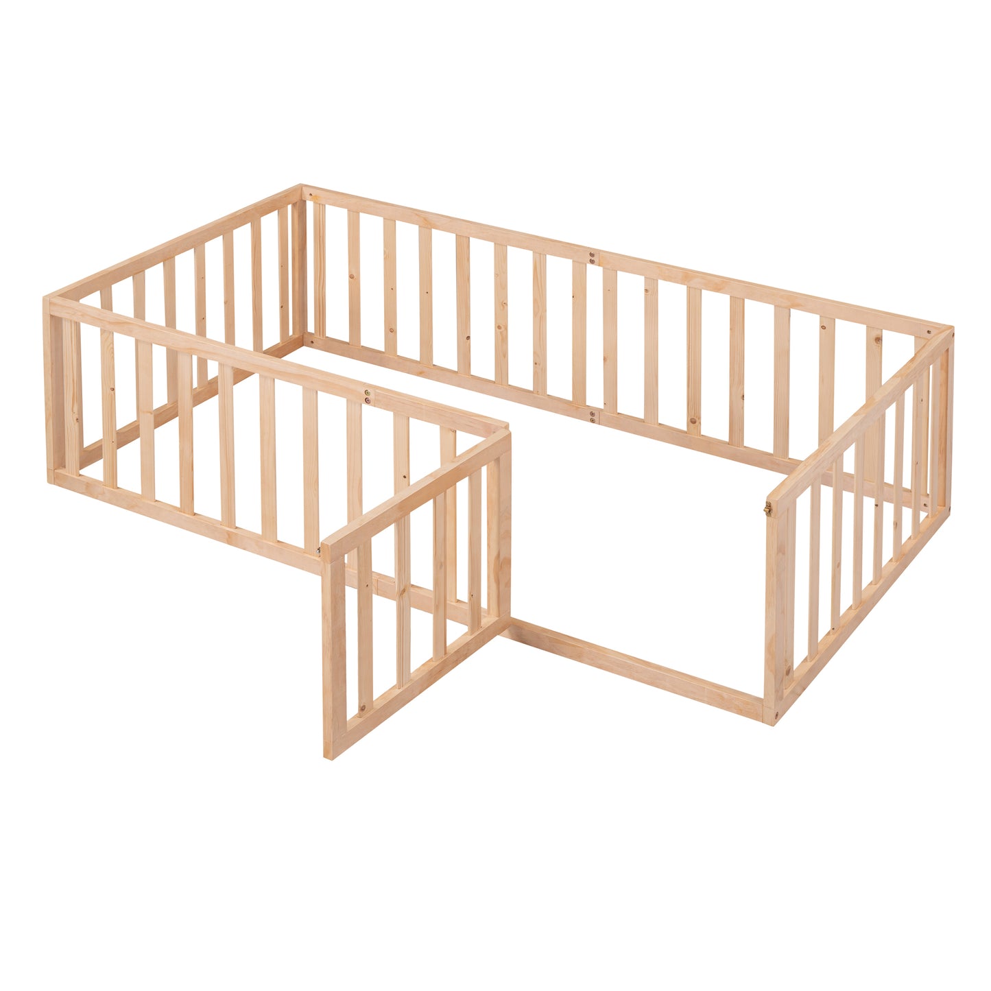 Natural Twin Size Wooden Floor Bed Frame with Playful Fence and Door