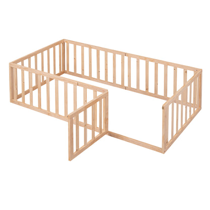 Natural Twin Size Wooden Floor Bed Frame with Playful Fence and Door